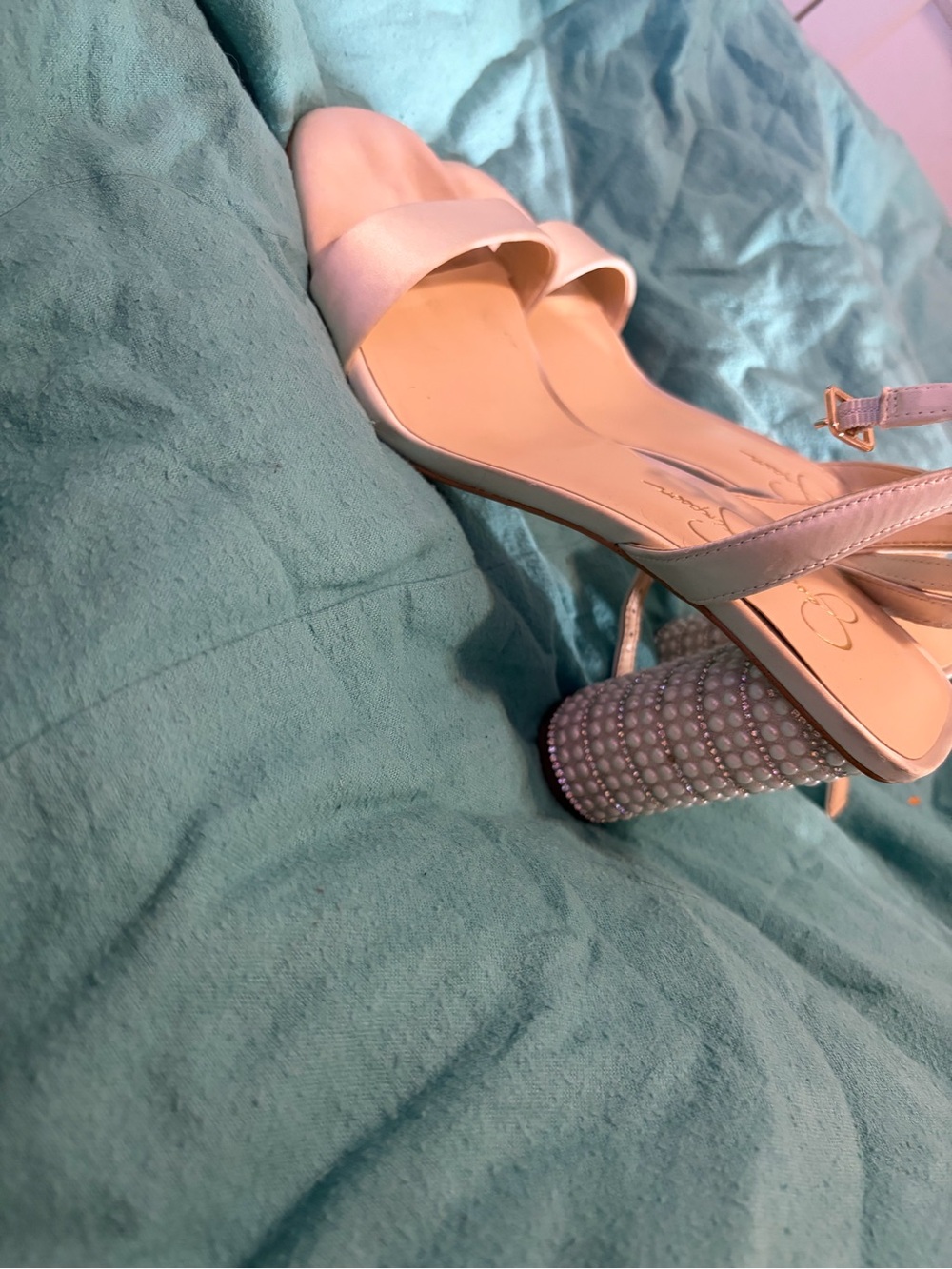 Pearl Embellished Ivory Block Heel Sandals